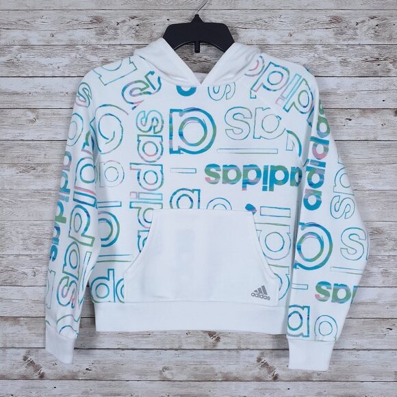Adidas Girls Hoodie S White Teal 97 - Picture 1 of 4